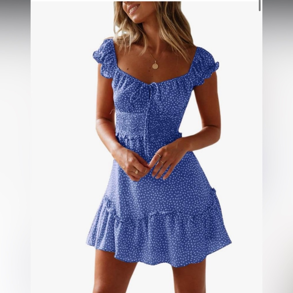 Blue and White Summer Dress Ruffle Sleeve Sweetheart neckline Medium